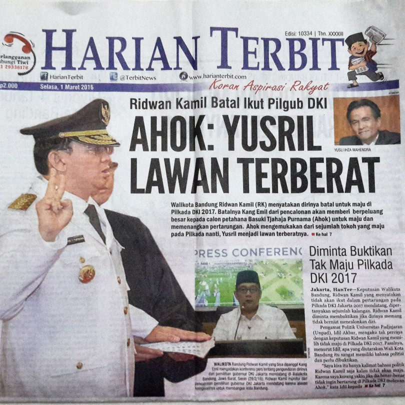 Koran sore HARIAN TERBIT edisi Selasa, 1 Maret 2016 versi manajemen baru (foto : Nur Terbit)