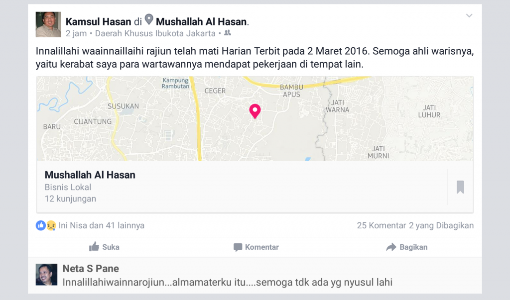 Berita "kematian" Harian Terbit muncul pertama kali di akun Facebook Kamsul Hasan pada Kamis, 4 Maret 2016 (foto: Nur Terbit)